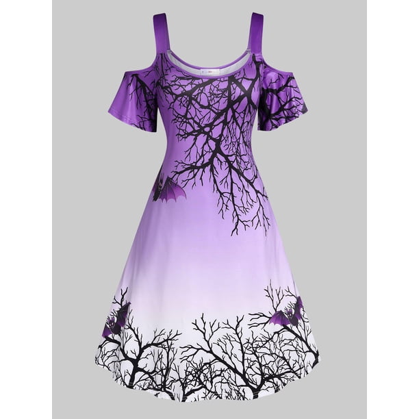 Talla grande Hombro frío Patrón de murciélago Vestido de Halloween Rosegal Vestidos Estampados Tallas Grandes