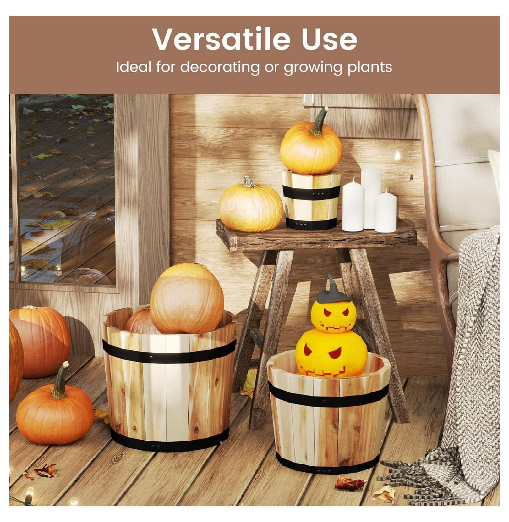 Wooden Plant Pots, 3-Piece Whiskey Barrel Planters w/ Drainage - Indoor Outdoor Flower & Herb Pots for Patio, Garden, Home Decor