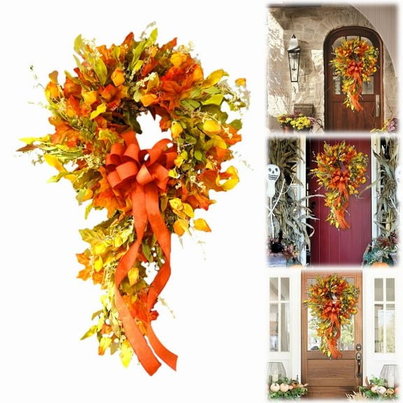 Autumn Maple Wreath Artificial Fall Decor For Front Door Wall Halloween & Thanksgiving（ Version For ）,One Deluxe Maple Leaf Wreath (45Cm)