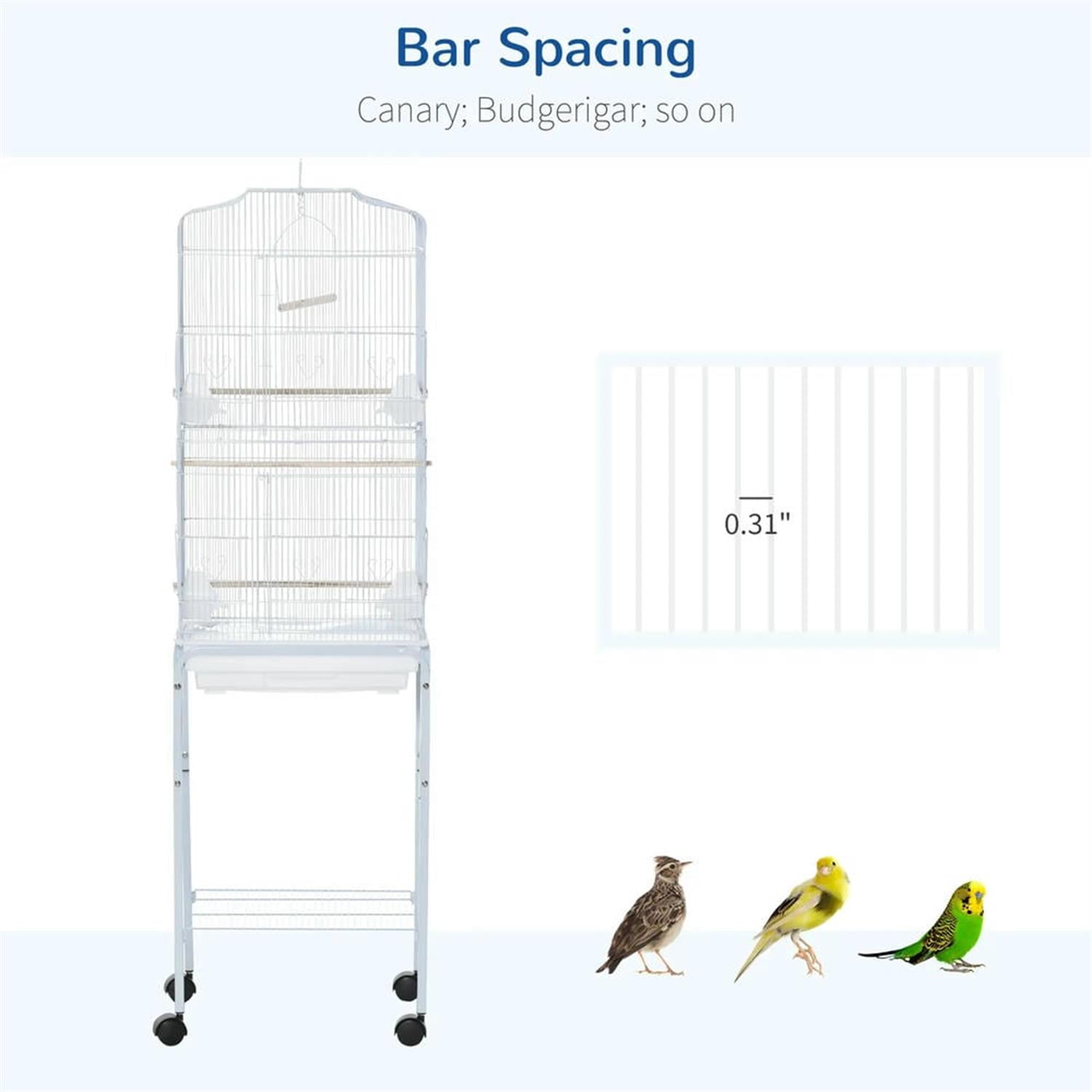 Kadyn 61" Height Metal Indoor Bird Cage Aviary Parakeet House with Detachable Rolling Stand for Parrots Conures Lovebird Cockatiel Parakeets, White