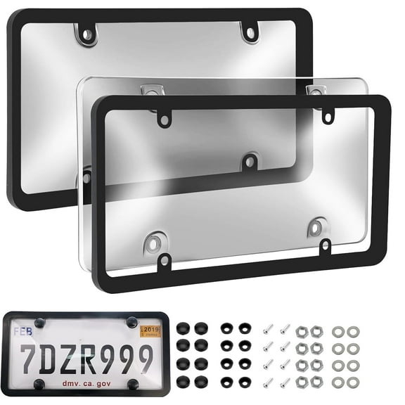 GoXteam License Plate Cover & Frames, 2 Pack Clear Gray Plastic Car Front/Rear License Plate Covers ith Screws Caps, Universal Car Accessories for Most Cars