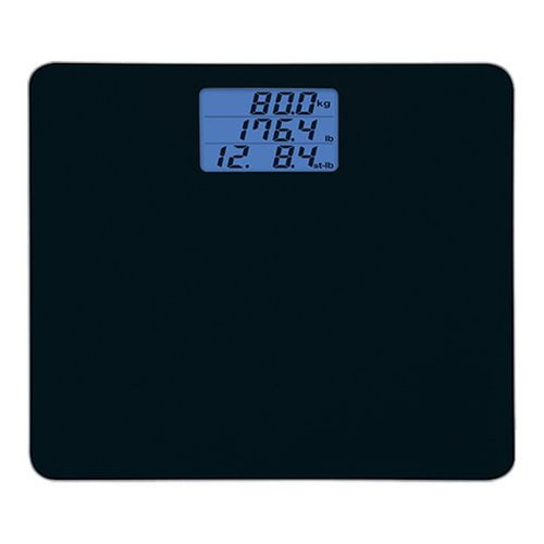 Báscula digital Tanita HD-384 - Capacidad de 200 kg (440 lb), tecnología japonesa, pantalla multiunidad (LBS, KG, STD), activación al subirse, pantalla LCD retroiluminada azul y vidrio templado (negro