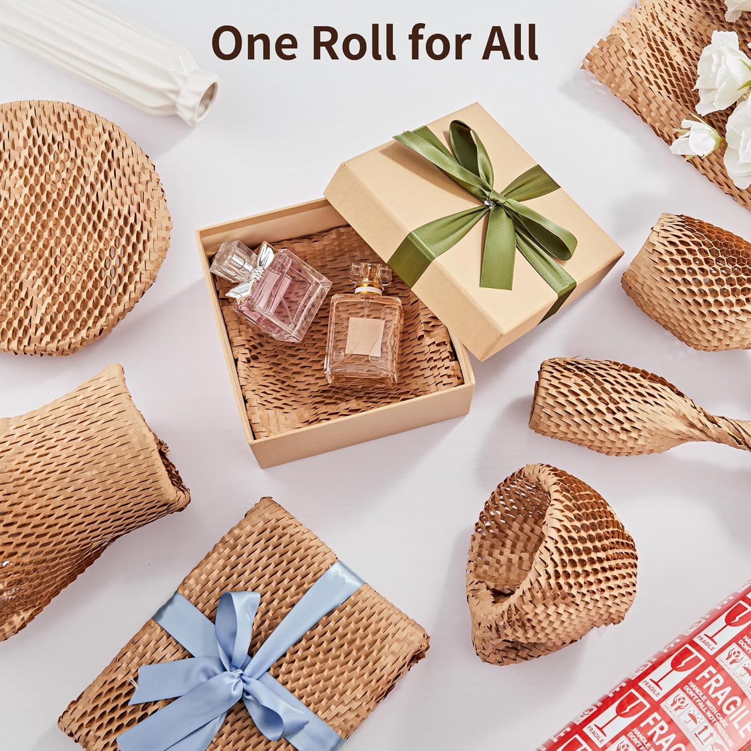 Honeycomb Packing Paper, 15"x 164' Bubble Packing Wrap for Packing Shipping Moving Bubble Packing Paper Wrapping Roll Recyclable Moving Supplies With 20 Fragile Sticker Labels