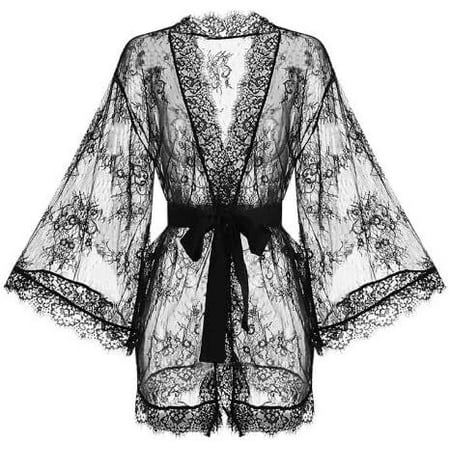 Women s Lace Kimono Robe Floral Deep V Lingerie Mesh Nightgown for Women Chemise Babydoll Lingerie Cover Up Sheer Robe with Belt  Black
