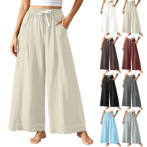 Women's Cotton Loose Wide Leg Pants, Mid Elastic Waist Drawstring with Pockets, Lightweight Casual Flowy Trousers for Business Summer Vacation, Soft Linen | VerBelle,Beige L