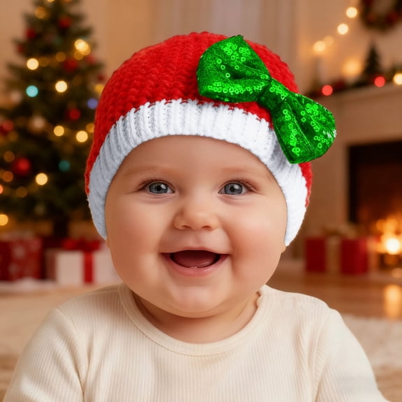 CUZIBR Girls Toddler Christmas Hat Knit Warm Soft Color Block Cute Deer Bow Pattern Toddler Stylish Beanie Cap,Green,One Size