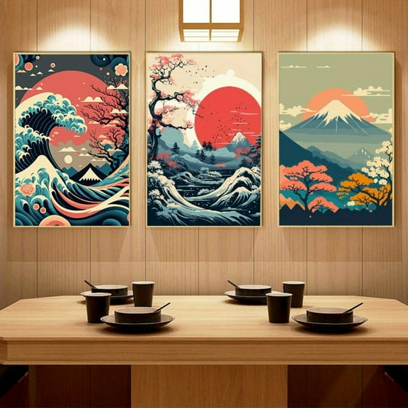 3pcs Canvas Vintage Art Japanese Nature Landscape Wall Art Posters, Retro Scenery Ideal Gift for Bedroom Living Room Corridor, No Frame