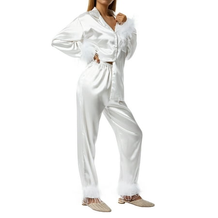 

brilliantme Women s Silk Two Piece Sleepwear Set Feather Long Sleeve Button-Down Lapel Collar Tops + Pants Pajamas Set