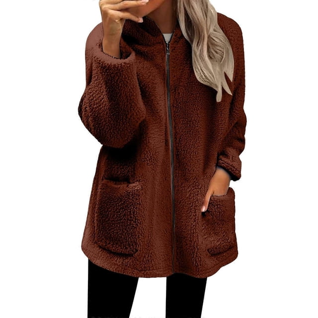 Women's Fleece Zipper Jacket with Pockets Oversized Long Sherpa Hoodie Plush Coat Purple XXL
