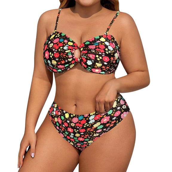 IFNWSV Womens Bikini Swimwear Plus Size Print Floral Cutout Bandeau Strapless Top with Brief Bottoms Black 2XL