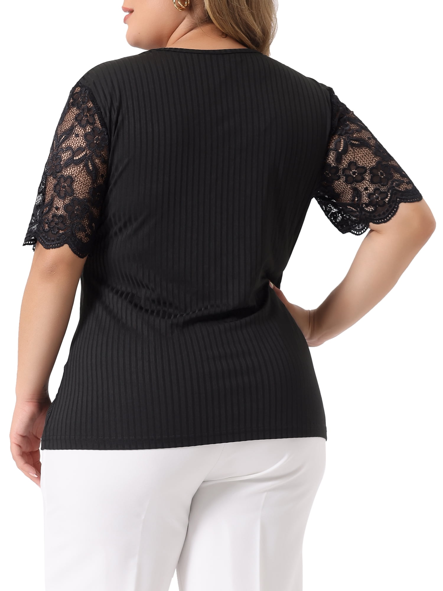 Unique Bargains Women's Plus Size Tops V Neck Elegant Lace Ribbed Knit Tunic Blouse 4X Black