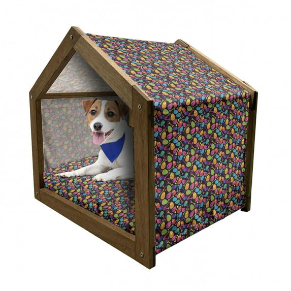 Velociraptor Pet House, Dinosaur Eggs and Bones Shower Humor Trex Easter Creatures Cartoon, Outdoor & Indoor Portable Dog Kennel with Pillow and Cover, 5 Sizes, Multicolor, by Ambesonne