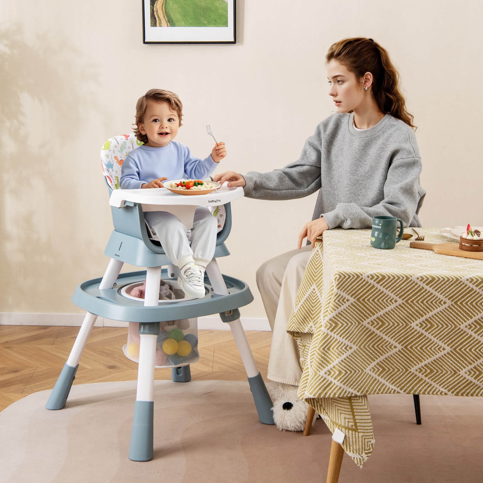 Babyjoy 16-in-1 Baby High Chair with Activity Center Booster Seat Building Block Table Celadon