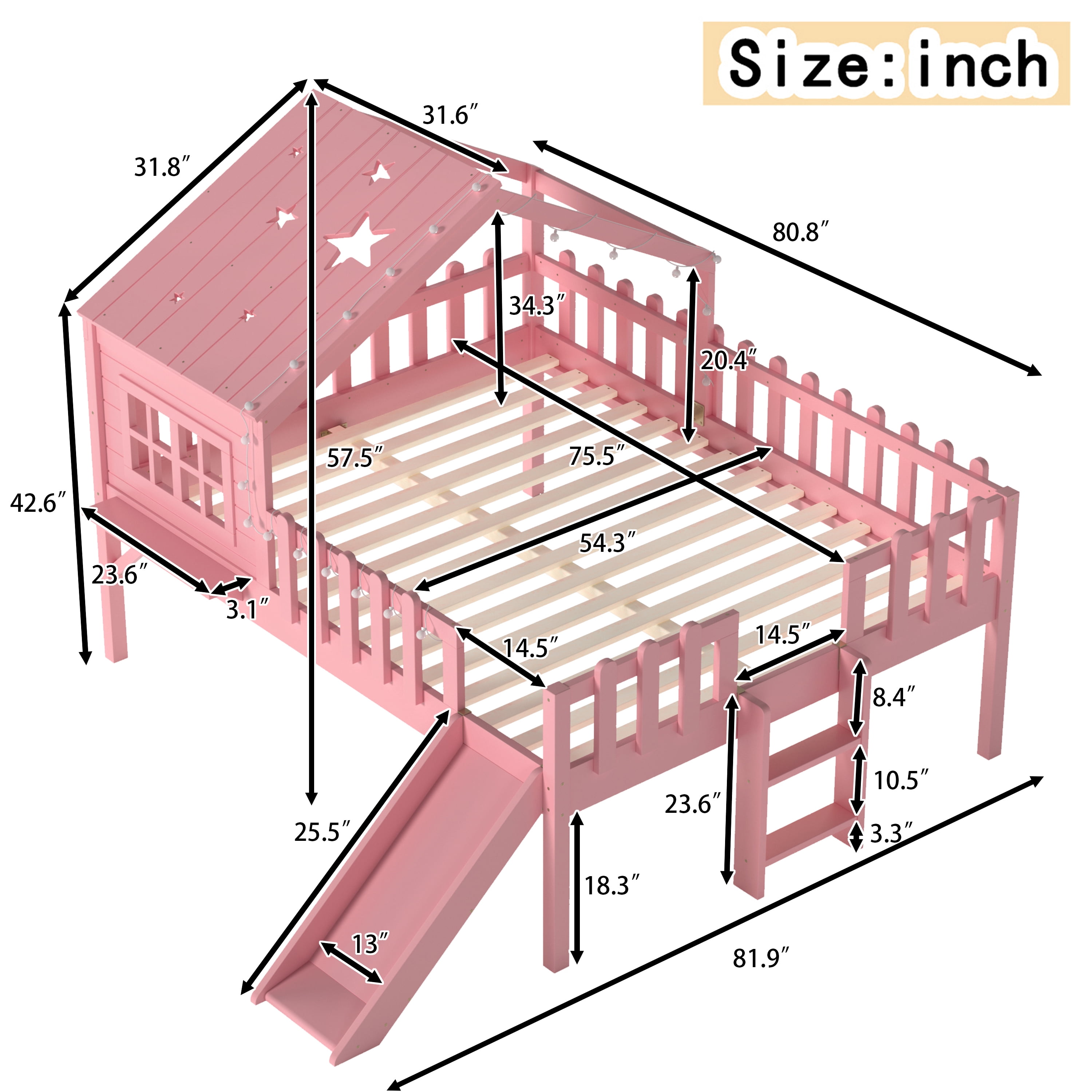 Mintazer Full Size Kids House Loft Bed with Slide & LED Lights, Modern Playhouse Bed with Star Shaped Designs & Ladder, No Box Spring Needed, Pink