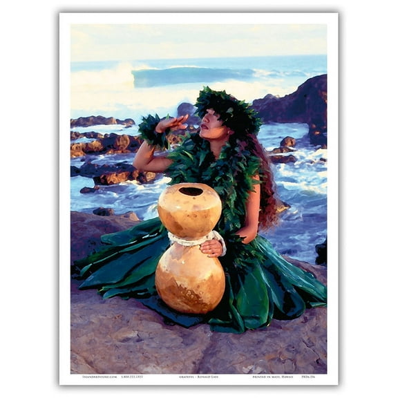 Grateful - Hawaiian Hula Dancer with Ipu Hula Gourd Drum - From an Original Color Photograph by Ron Laes - Master Art Print (Unframed) 9in x 12in