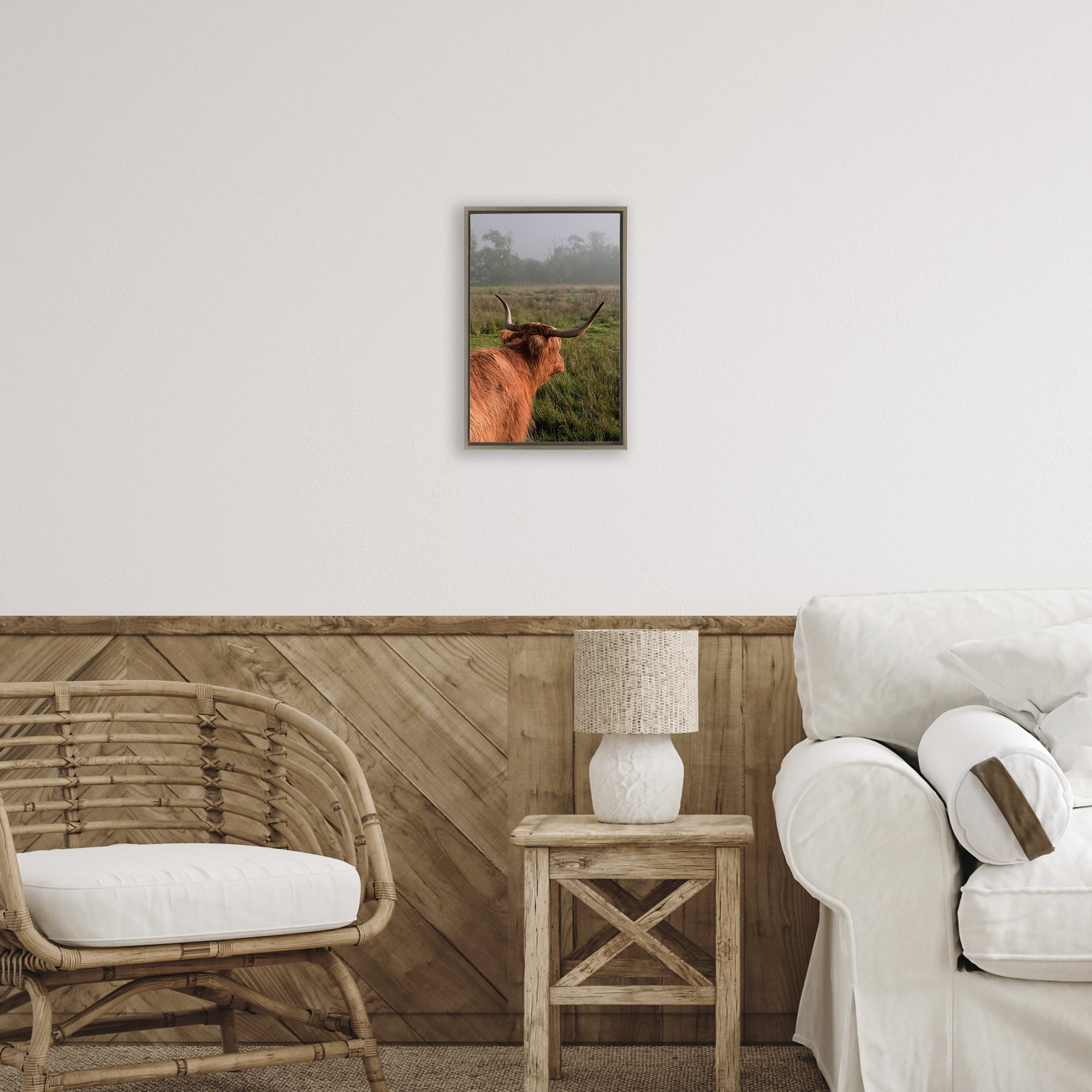 Highland Cow Gazing Out Brown Framed Floater Canvas Wall Art, design by Jenny Rainbow Fine Art
