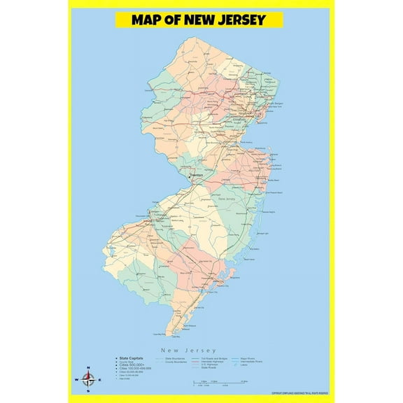 New Jersey Map Poster - Laminated Wall Map - Style A - 18x24 - Ideal for Classrooms and Homes – Features Bright Colors and Vivid Imagery