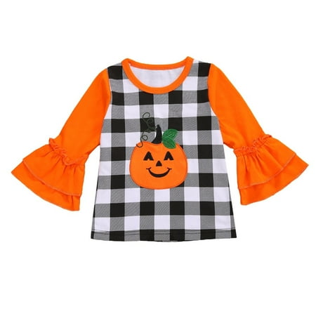 

Little Girl’s Fashion Long Sleeve Plaid T-shirt Cartoon Car Pumpkin Pattern Pullover Top