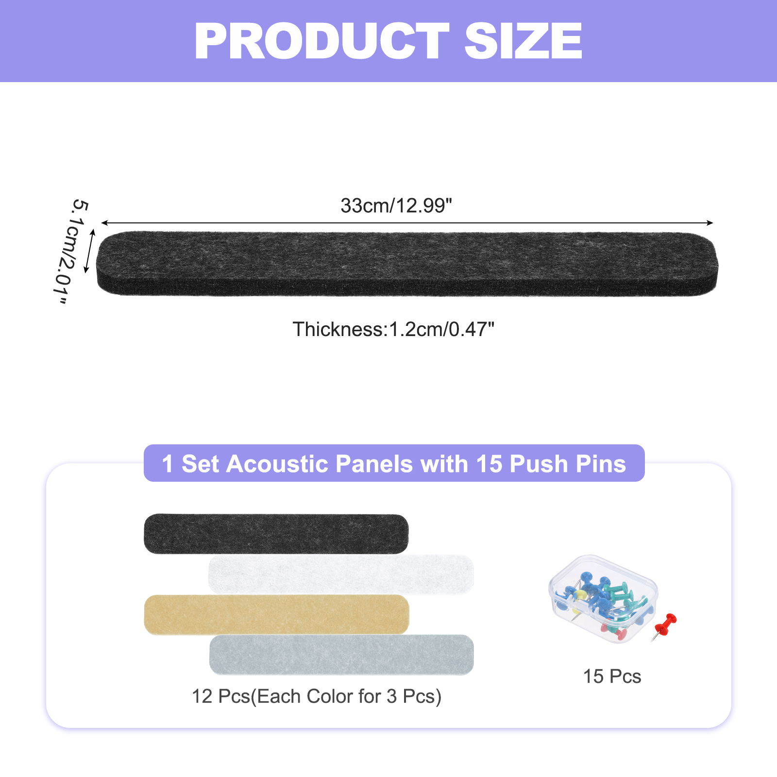 Uxcell 12 Pcs B1 Rectangle Acoustic Panels 12.99'' x 2.01'' with Push Pins Black White Bright Gray Dark Brown