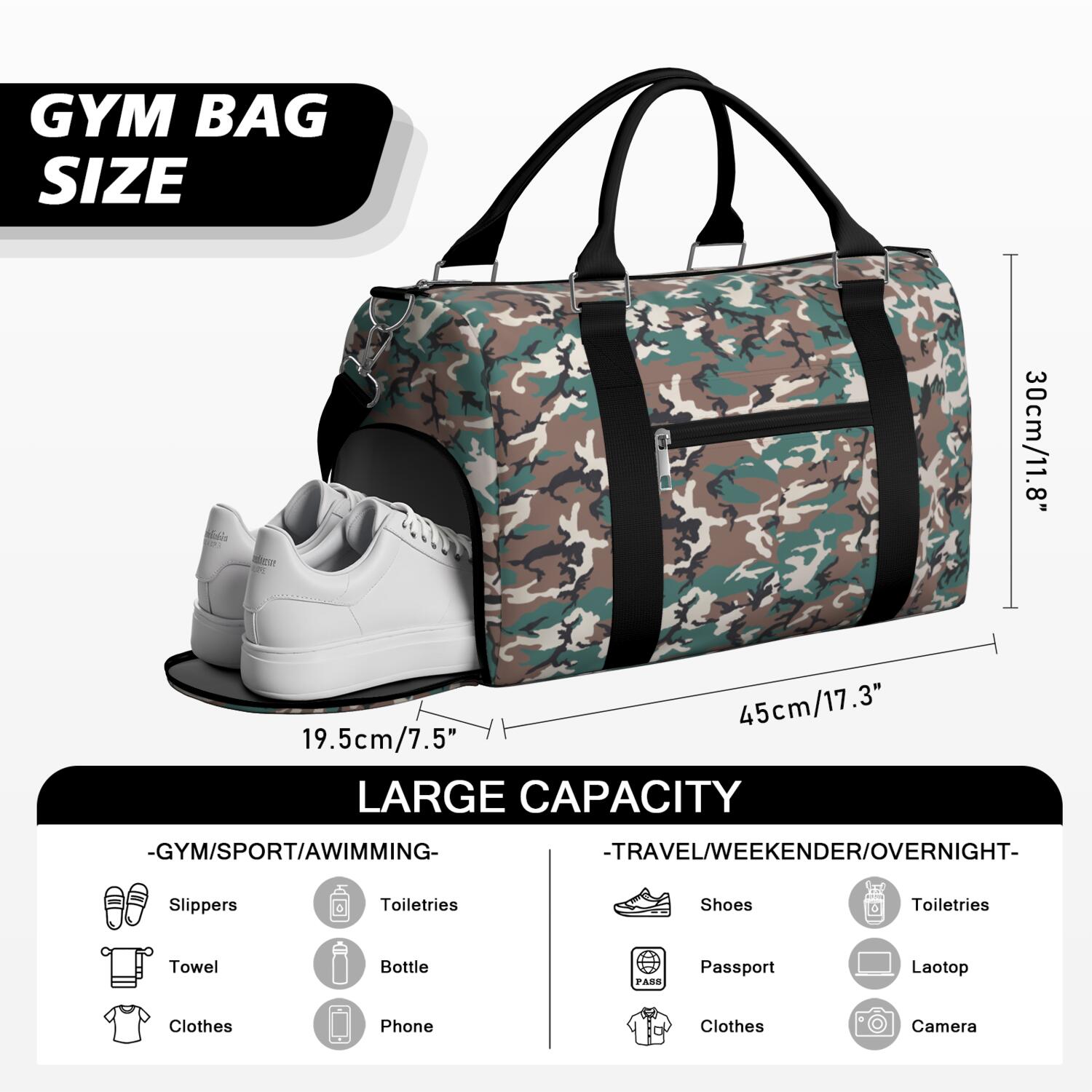 Camo Mens Gym Tote Duffle Bag with Wet Pocket & Shoe Compartment, Travel Duffel Bag Overnight Weekender Hospital Tote Girls Workout Carry on Bag with Luggage Sleeve