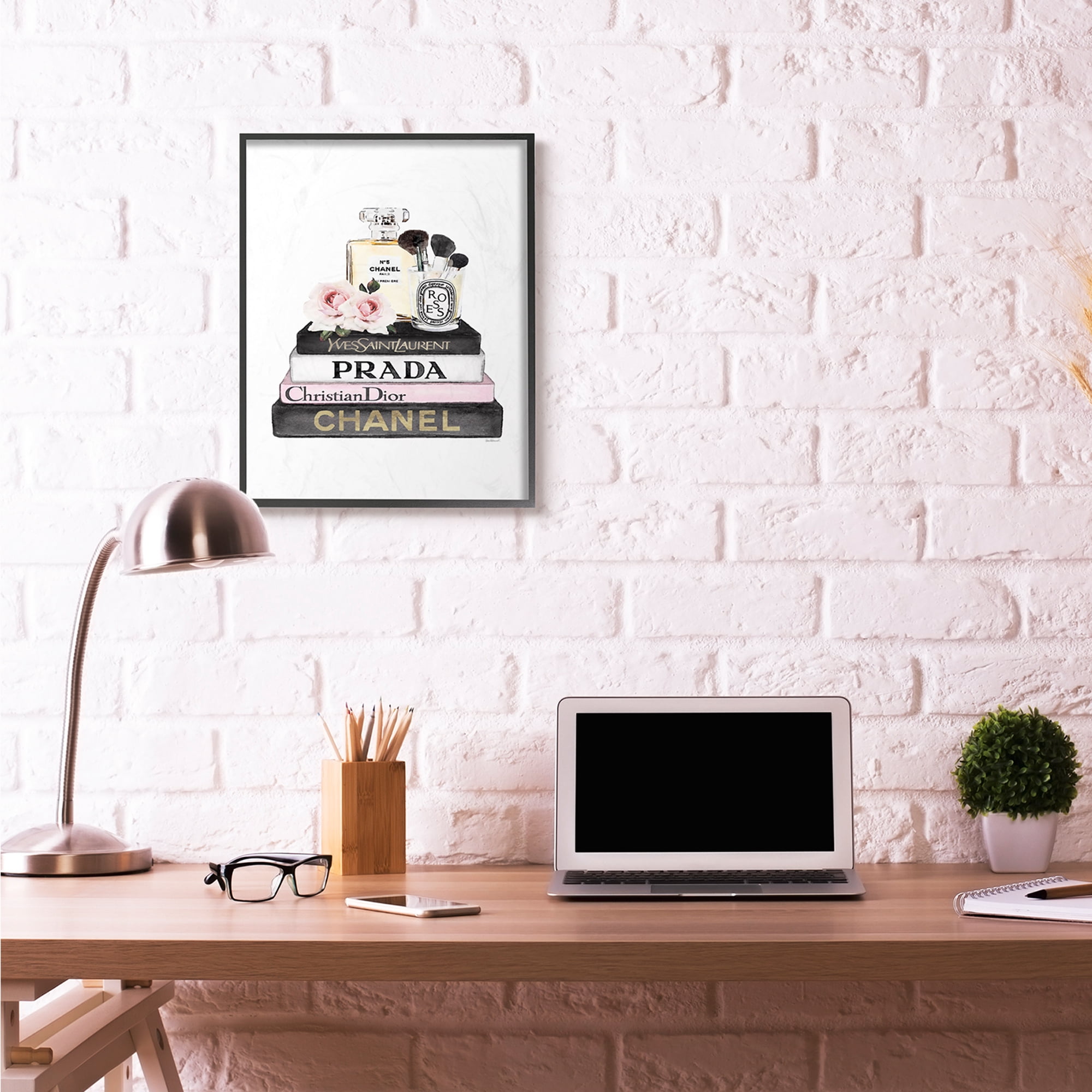 Stupell Industries Fashion Designer Flower Makeup Bookstack Black Pink Watercolor Framed Wall Art by Amanda Greenwood