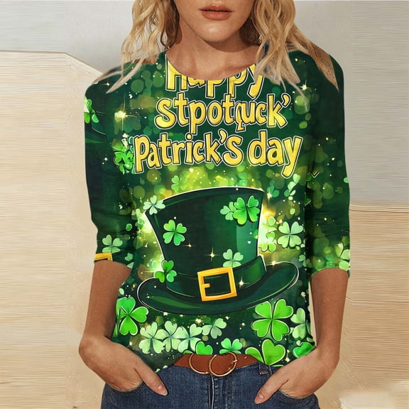 Ichuanyi Womens St. Patrick's Day 3/4 Length Sleeve Tops Crew Neck Basic Tees Shirts Casual Loose Fit Tunic Blouses