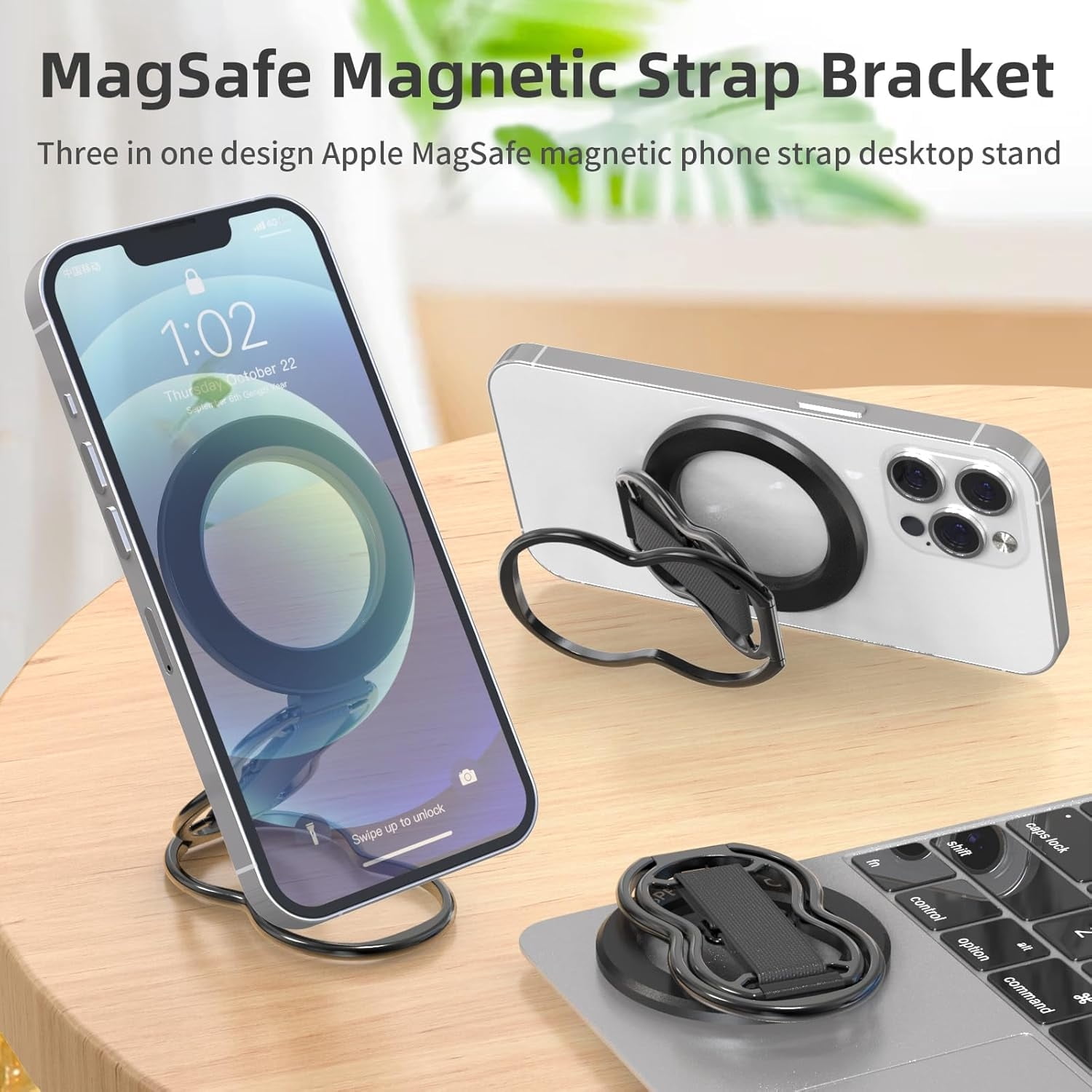 Maxxmarket-Magnetic-Phone-Grip-Stand-with-Finger-Strap, 4-in-1 Magnetic Ring Holder, Kickstand and Elastic Strap for Phones, Universal Fit for iPhone 17/16/15/14/13/12, Android, and Cases (Black)