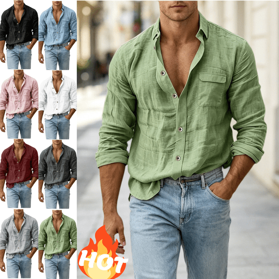 Mifsaly Men's Linen Shirts Long Sleeve Button Down Collar Blouse Relaxed Fit Lightweight Summer Fall Vacation Casual office Clothes Green,XL