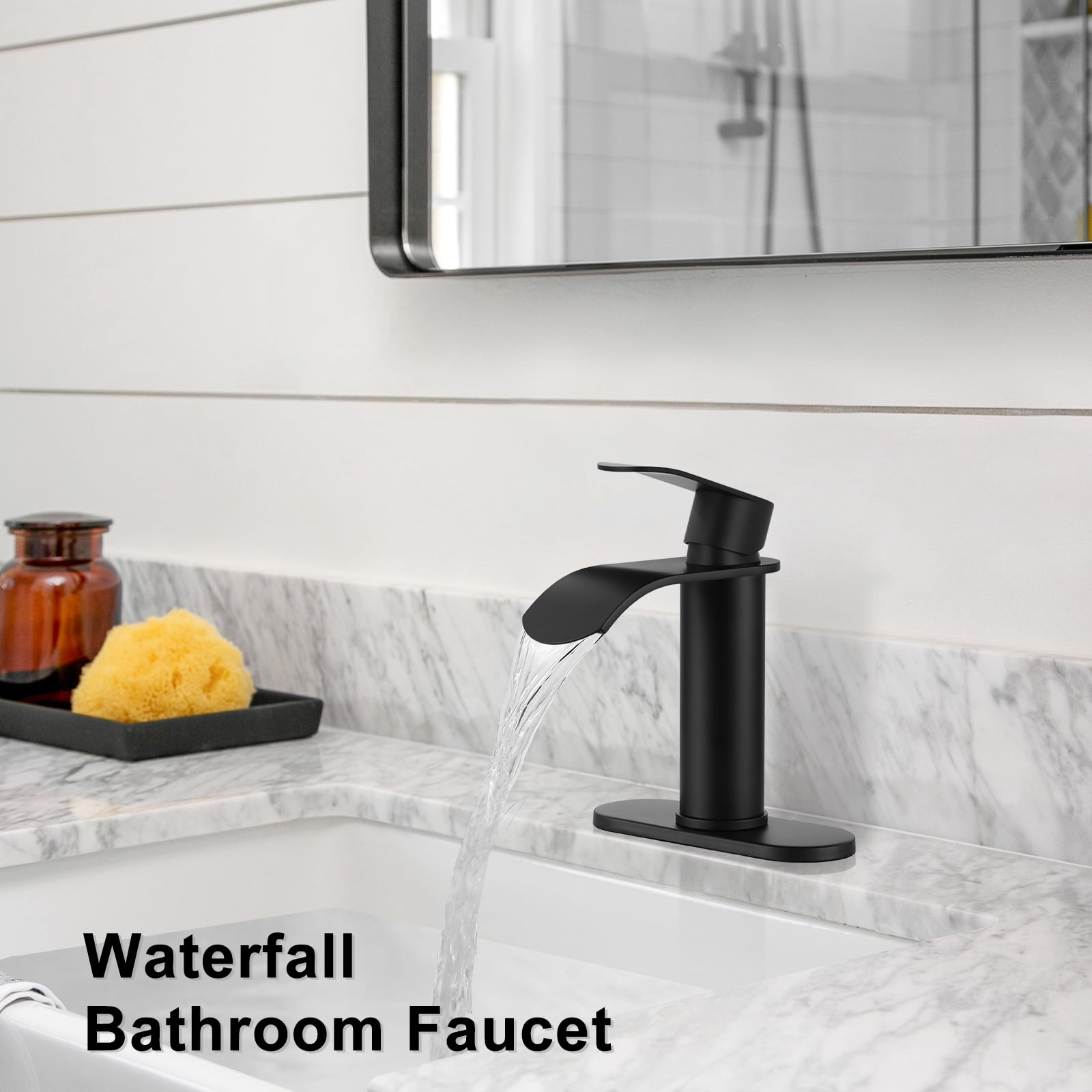 WOWOW Waterfall Bathroom Faucet Matte Black: Bathroom Sink Faucet for 1 Hole or 3 Holes, Single Handle Vanity Faucet with Metal Pop up Drain, Stainless Steel Basin Sink Faucet Tap for RV