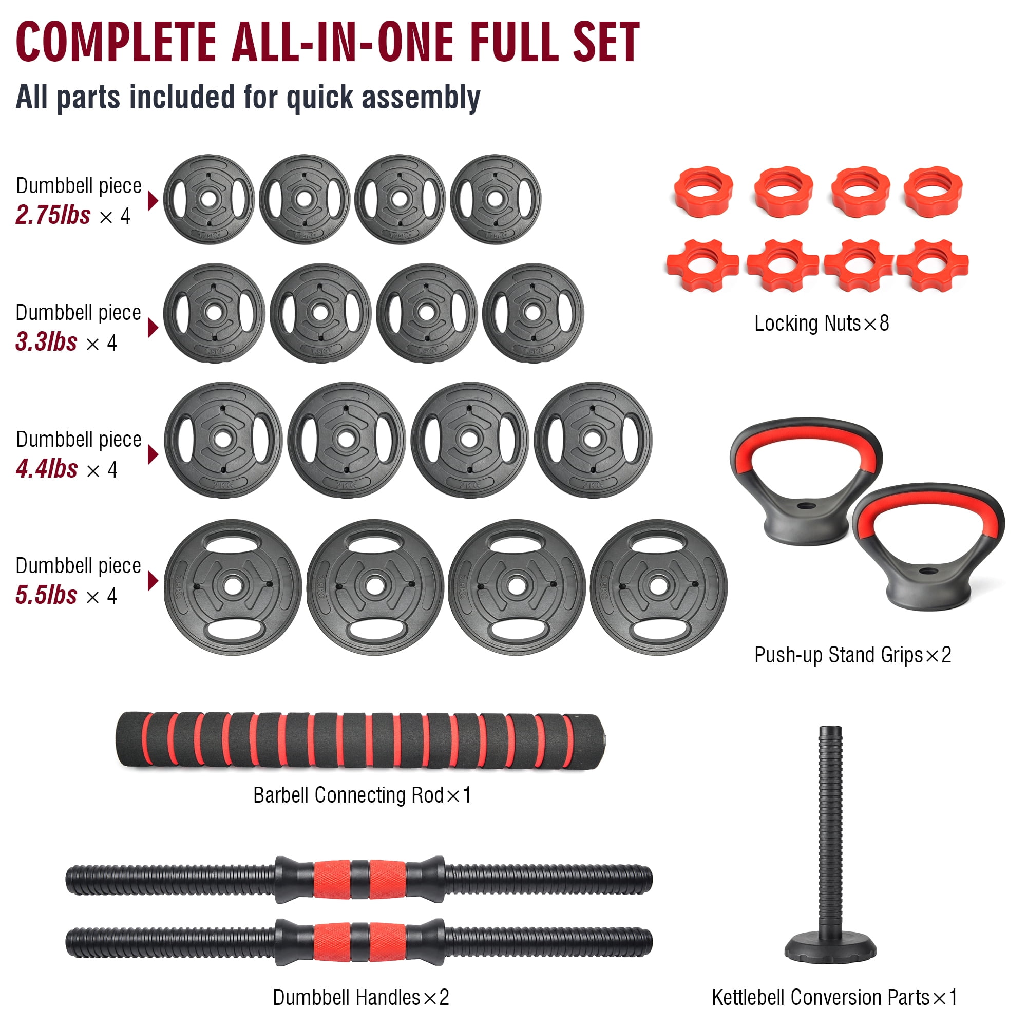 Leumius Adjustable Dumbbell Set,66LBS 4-in-1 Adjustable Weights Dumbbells, Barbell, Kettlebells with Anti-slip Silicone Grip,Weight Set for Home Gym Suit both Men and Women,Black