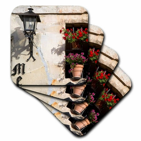 Friendly Village Coaster - 3dRose Window flower pots in village of Santillana del Mar, Cantabria, Spain., Soft Coasters, set of 4