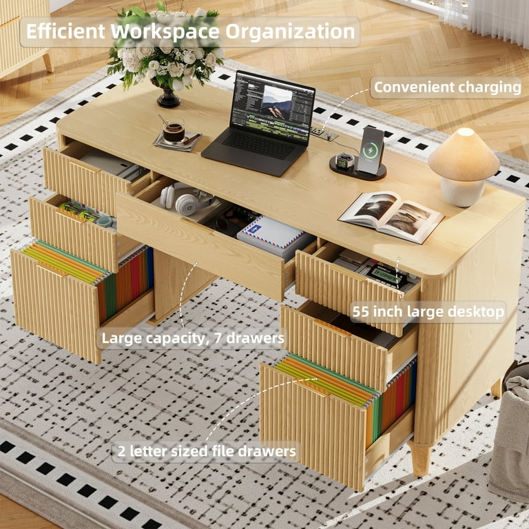 TOKSOM 55.1" Office Desk with 7 Drawers & Built-in Charging Station Nature Wood Color Study Desk with Gold Handles, File Drawers, Metal Slides