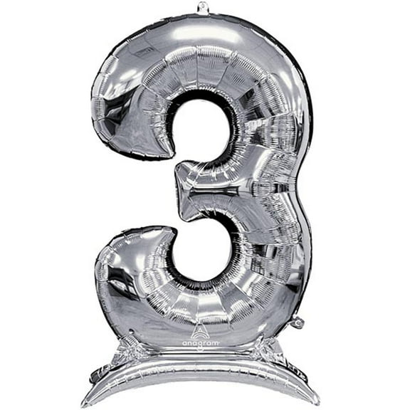 53 inch Stand-Up Numberz 3 - Silver (Air-Fill Only) Foil Mylar Balloon - Party Supplies Decorations