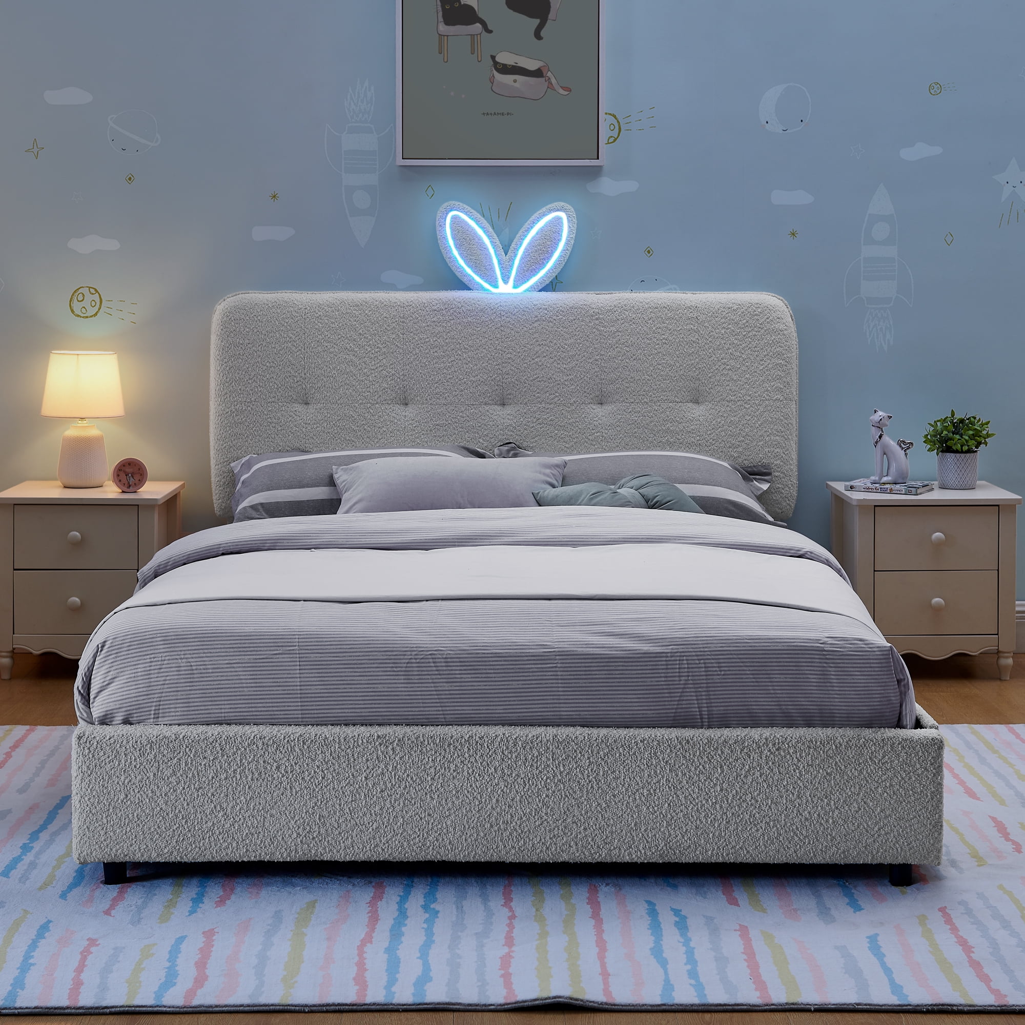 Avobird Full Size Kids Upholstered Bed with Oversized Rabbit Ear Headboard, LED Light & 4 Storage Drawers, Boucle Fabric, Navy