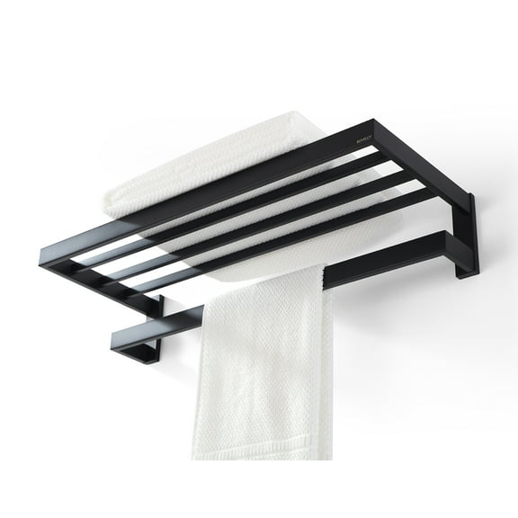 BUVELOT Towel Racks for Bathroom, Square Modern Hotel Style Towel Shelf with Towel Bar, Bath Towel Holder Wall Mounted, 24Inch, Matte Black, No Assembly, 073100-MB Ler Series