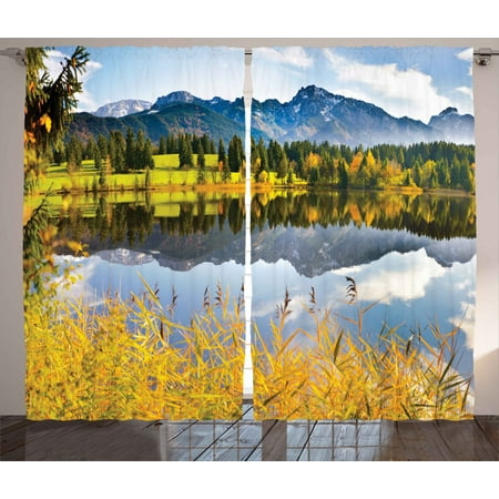 Nature Decor Curtains 2 Panels Set, Pastoral Countryside Scenery by the Lake with Reflections Alpine Meadow Picture, Window Drapes for Living Room Bedroom, 108W X 84L Inches, Multi, by Ambesonne