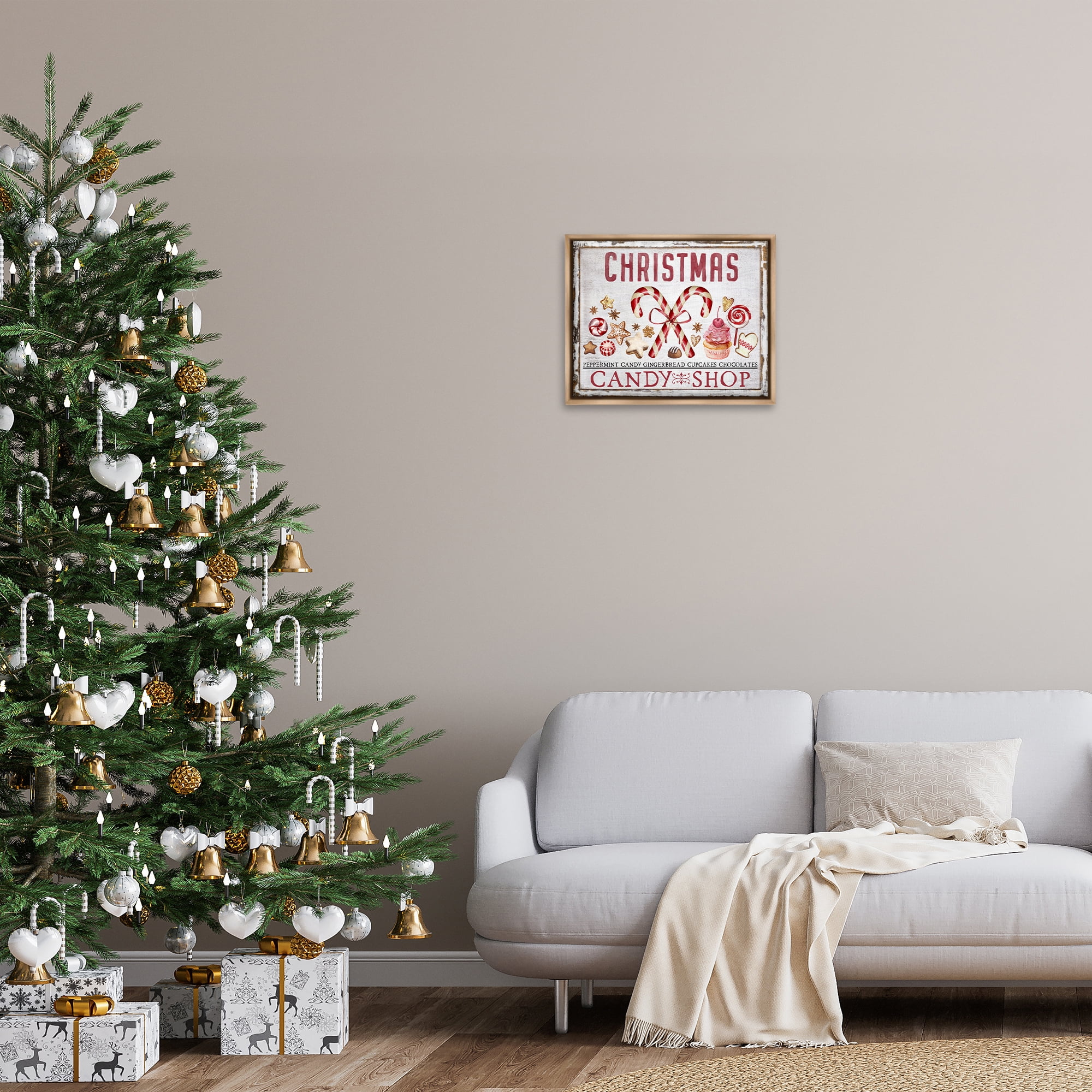 Stupell Industries Candy Shop Christmas Holiday Painting Brown Floater Framed Canvas Art Prints Wall Art, 21 x 17