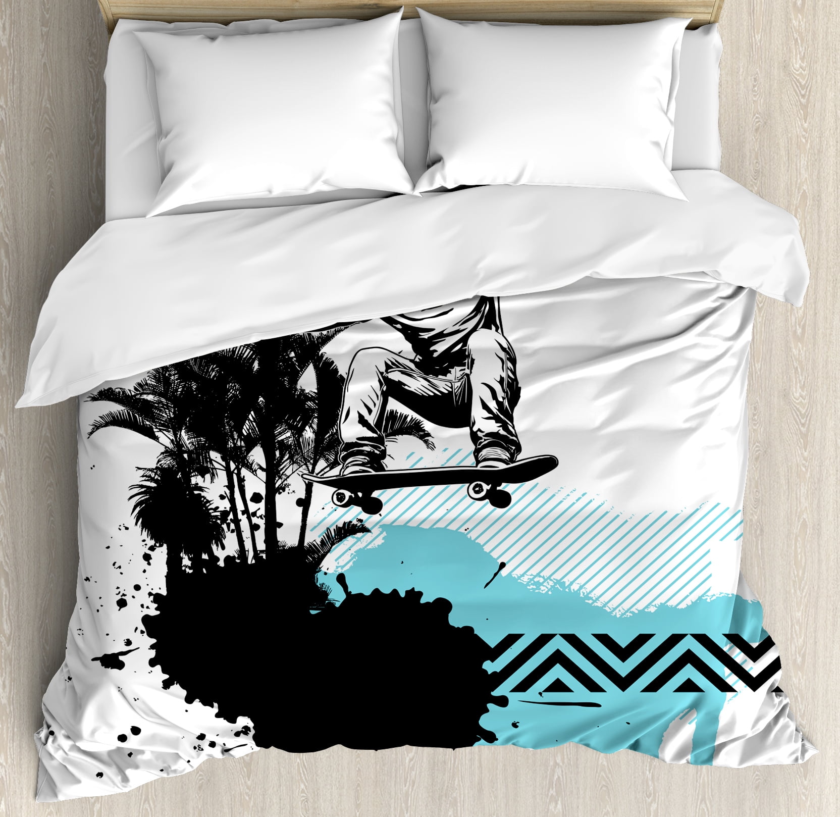 Grunge Queen Size Duvet Cover Set Young Boy Skater Jumping Exotic
