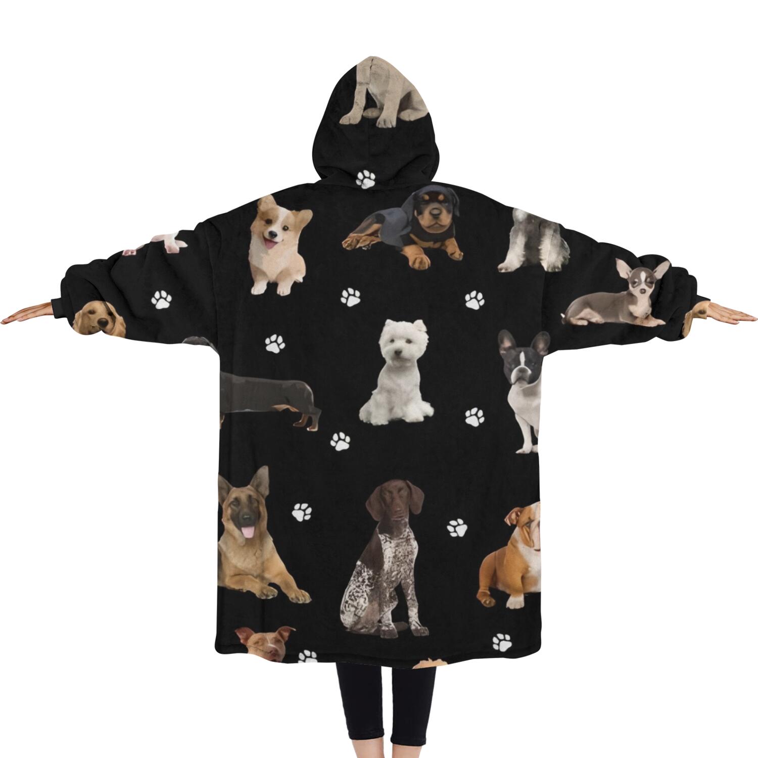 Oversized Wearable Blanket Hoodie,Dog Breeds Sherpa Blanket Hoodie with Super Pockets,Super Warm Fuzzy Pullover for Women & Men