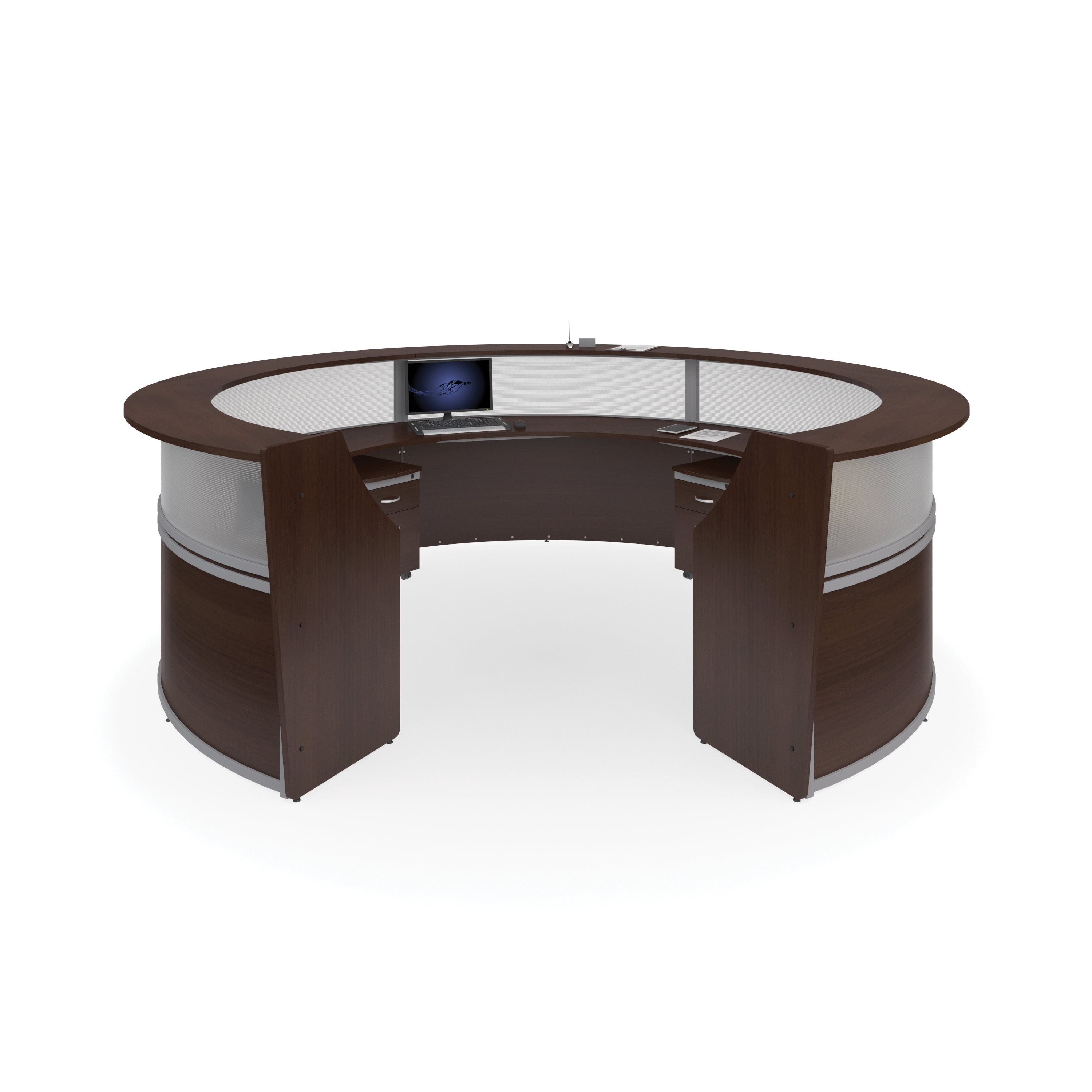 ofm marque plexi 5-unit reception station - office furniture receptionist/secretary desk with two walnut pedestals (pkg-55316-walnut)