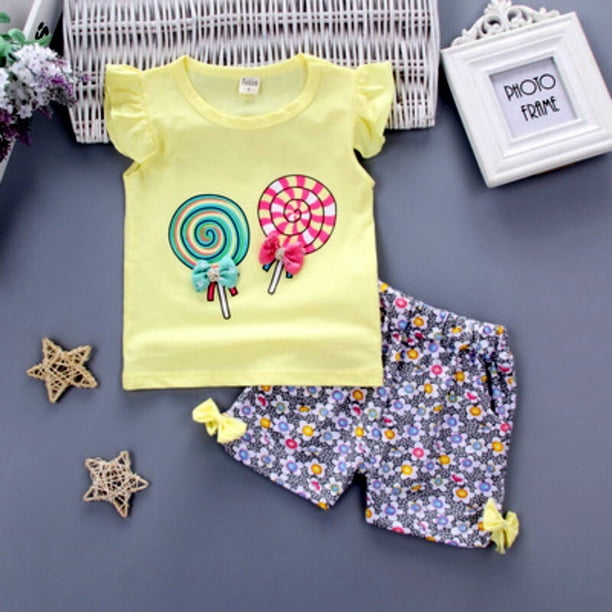 Ropa para niños, conjunto de verano para niños de 0 a 4 años, camisetas sin mangas para niñas, chaleco + Pantalones cortos, ropa de 2 uds, pijamas de algodón para niños 90(2T) Gao Jinjia LED