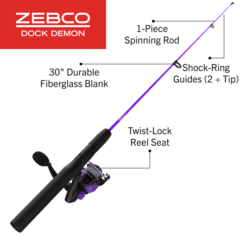 Zebco Dock Demon Spinning Reel and Fishing Rod Combo, 30-inch 1-Piece  Fiberglass Fishing Pole, EVA Rod Handle, Size 10 Reel, Powertrain Drag,  Pre-Spooled with 6-Pound Zebco Line, Purple 