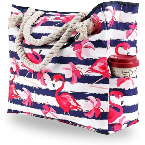 Women's Beach Bag Large Waterproof Sandproof Flamingo Tropical Hawaiian Extra Canvas Pool Tote Bag With Zipper, Pockets