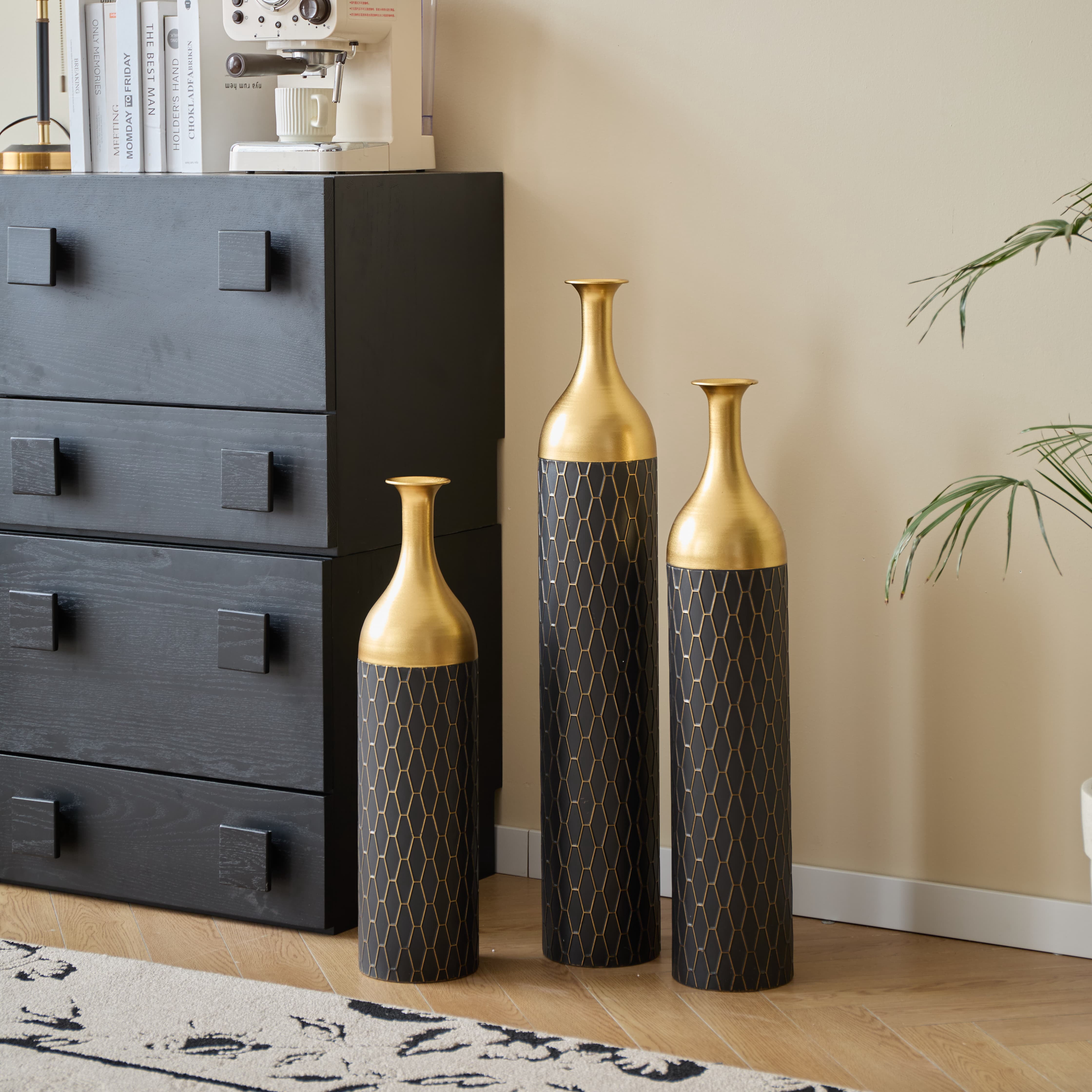 Aukfa Metal Large Floor Vases, Standing Vase Set of 3 for Home Decor,34.25"/30.31"/24.88"H,Black