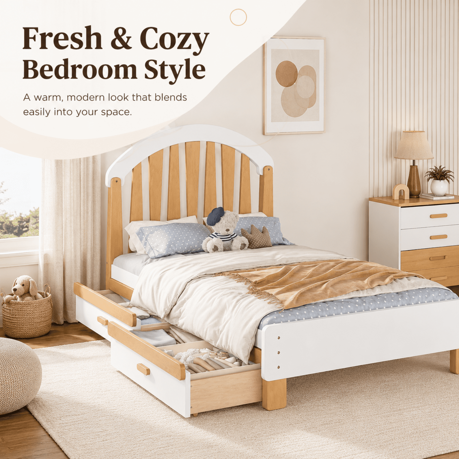 Miniyam Twin Size Kids Bed Frame with Storage Drawer, Wooden Platform Bed, White & Natural