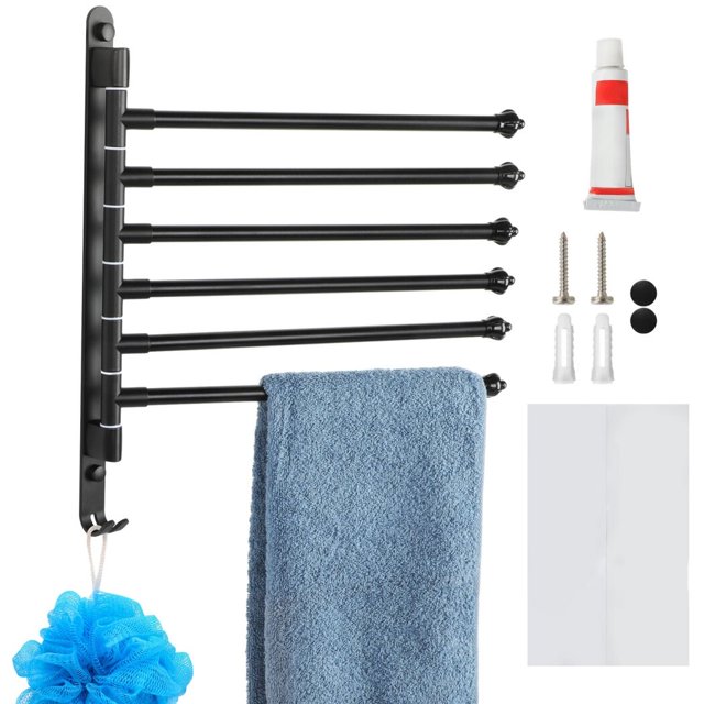 6-Arm Swivel Towel Rack, Towel Hanger, Wall-Mounted Towel Bar, 180° Rotation, Space-Saving, for Kitchen Bathroom Wall, Matte Black
