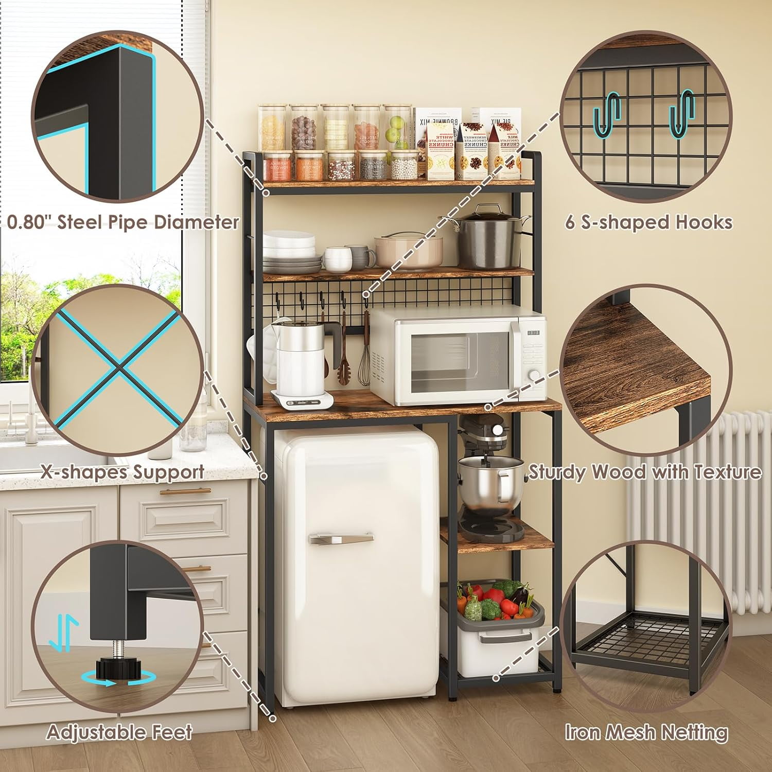 Multi-Functional Mini Fridge Stand with Wheels, Wooden Mini Fridge & Microwave Storage Shelves, Large Bakers Rack and Storage for Kitchen Appliances, Perfect for Dorm Kitchen Coffee Bar