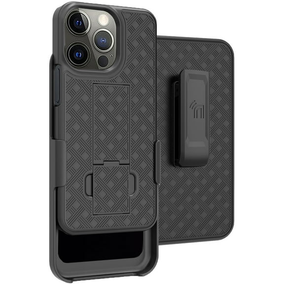 Case with Clip for iPhone 13 Pro Max, Nakedcellphone Slim Hard Shell Phone Cover with Kickstand and [Rotating/Ratchet] Belt Hip Holster Combination - Black Tread