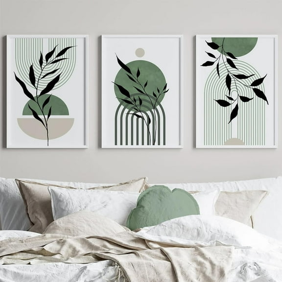 Mid Century Modern Wall Art Set of 3 Sage Green Canvas Wall Art Boho Prints Green Wall Decor Black Beige Abstract Wall Art Picture Mid Century Painting for Living Room Bedroom 12x16 Inch UNFRAMED
