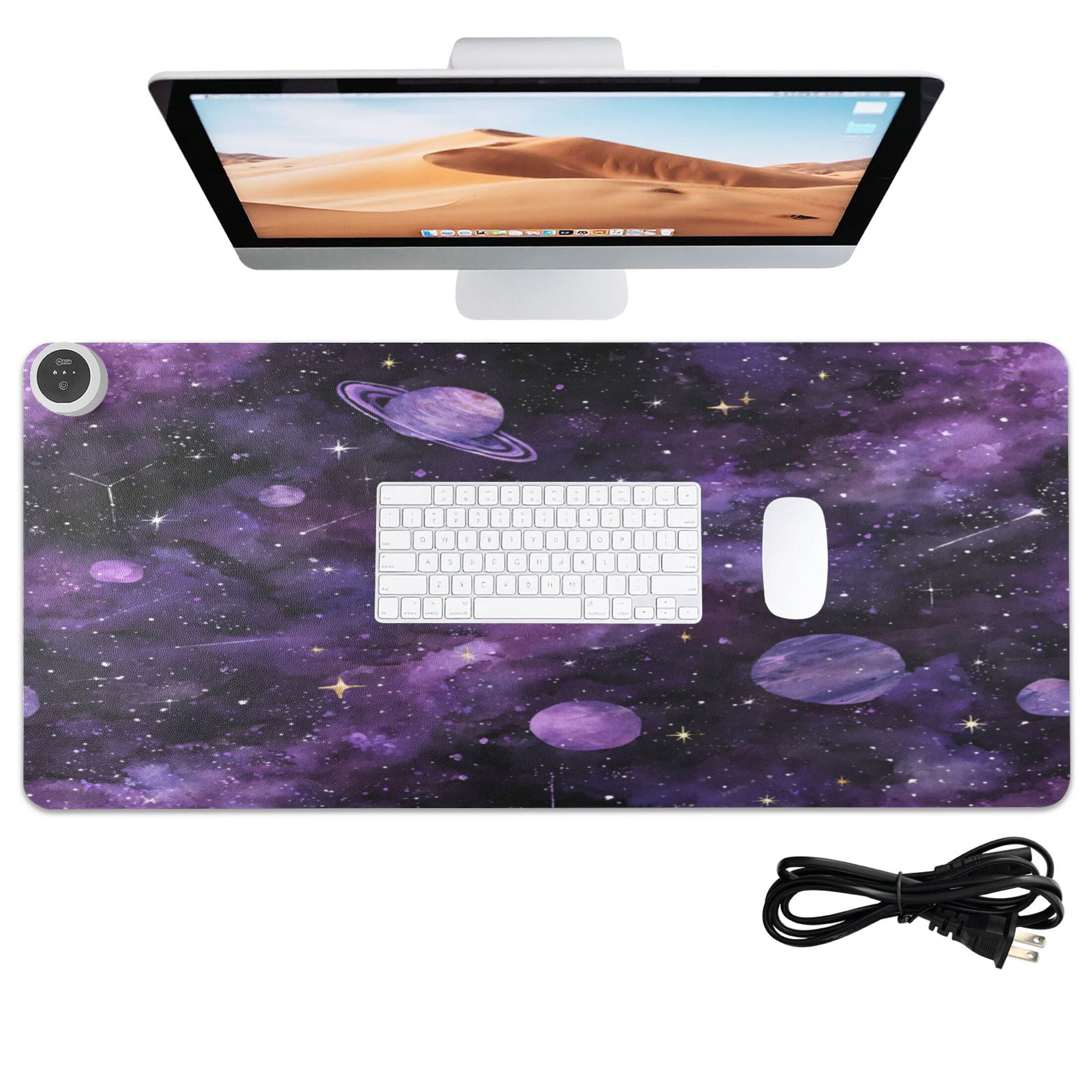 Large Heated Desk Mat Mouse Pad 31.5"x13"PU Leather Graphene Heating Desk Warmer with 3 Temperature Settings 110V US Plug Non-Slip Warm Pad for Home, Office, and Gaming Purple Galaxy Cosmic Whispers